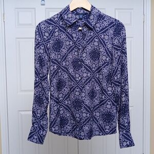 Ptp18" Tommy Hilfiger Navy Rayon Bandana Print Button Roll-Tab Long Sleeve Shirt